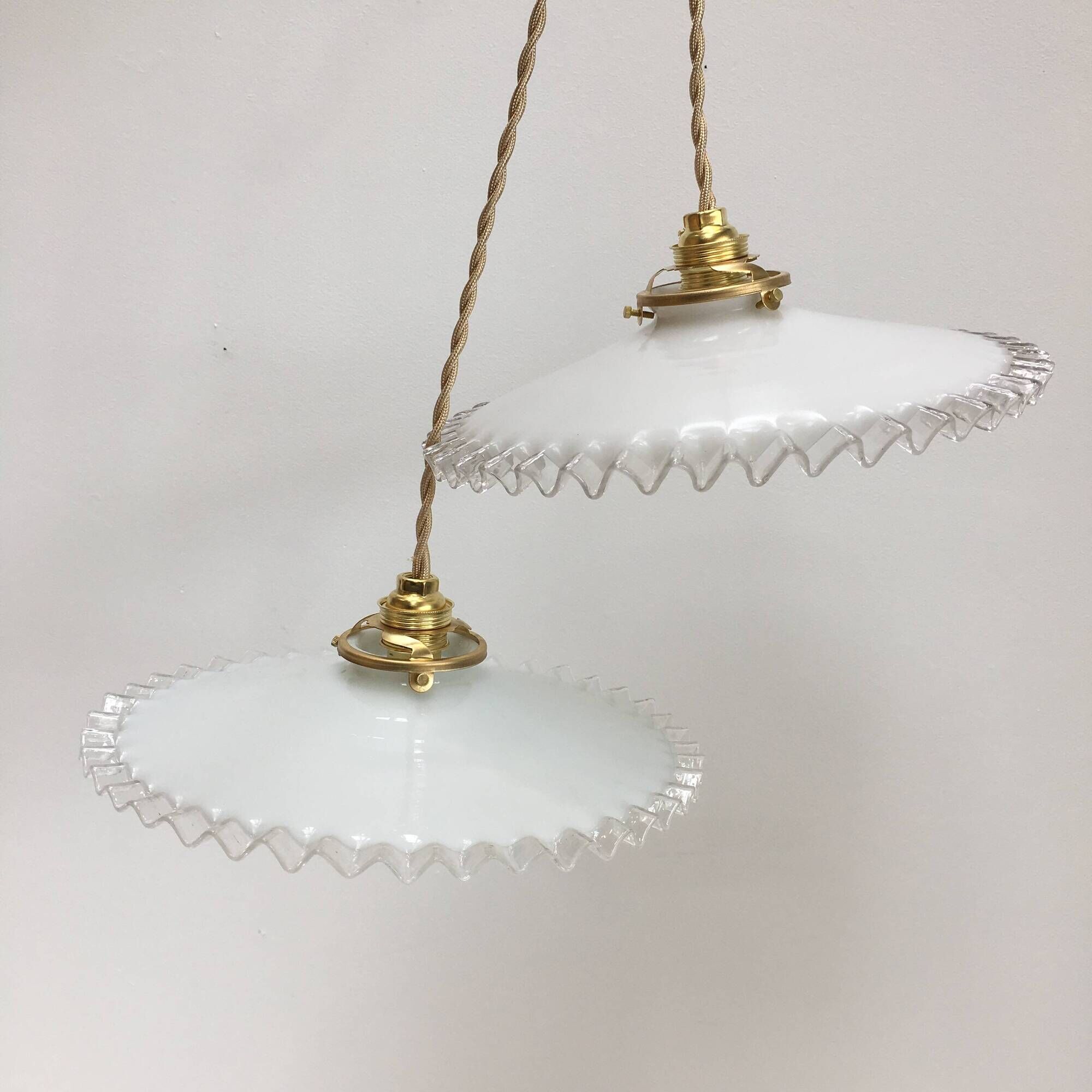Pair of vintage white opaline pendant lamps with serrated edges