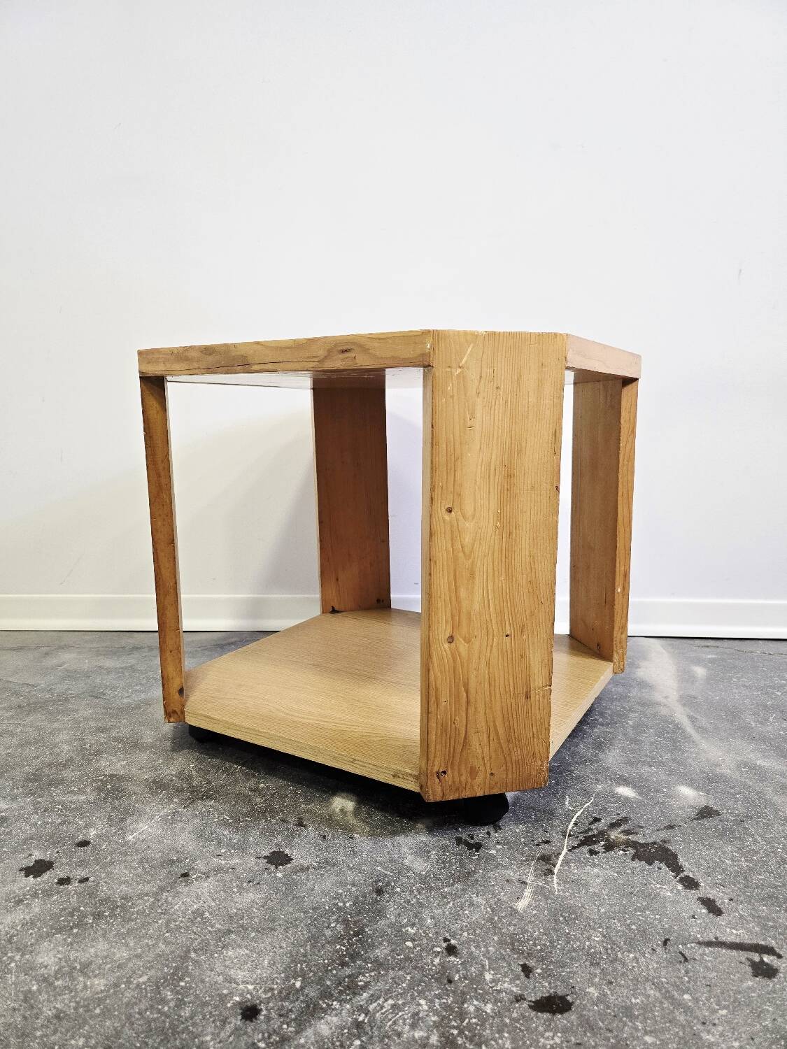 80s Octagonal Wood Accent Table with Glass Top on Casters