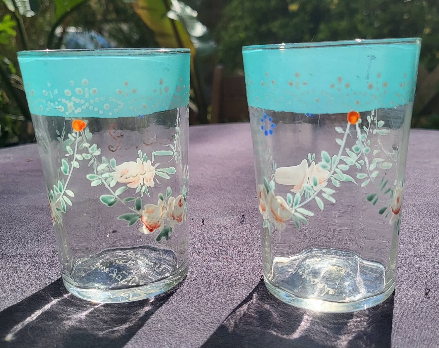 2 bohemian fine green enameled glasses