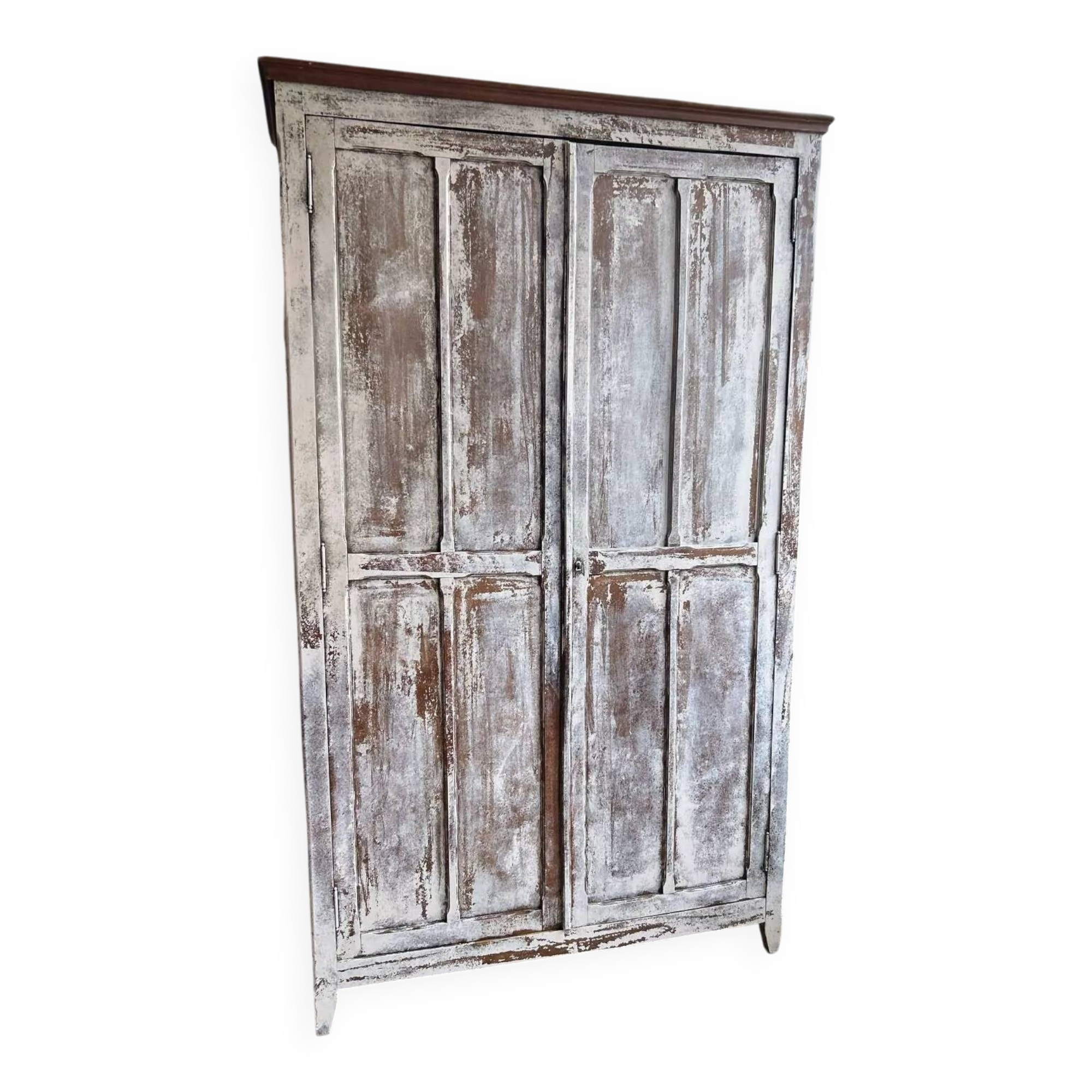 Large Parisian oak wardrobe from the early 20th century with an antique white patina