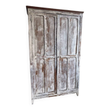 Large Parisian oak wardrobe from the early 20th century with an antique white patina