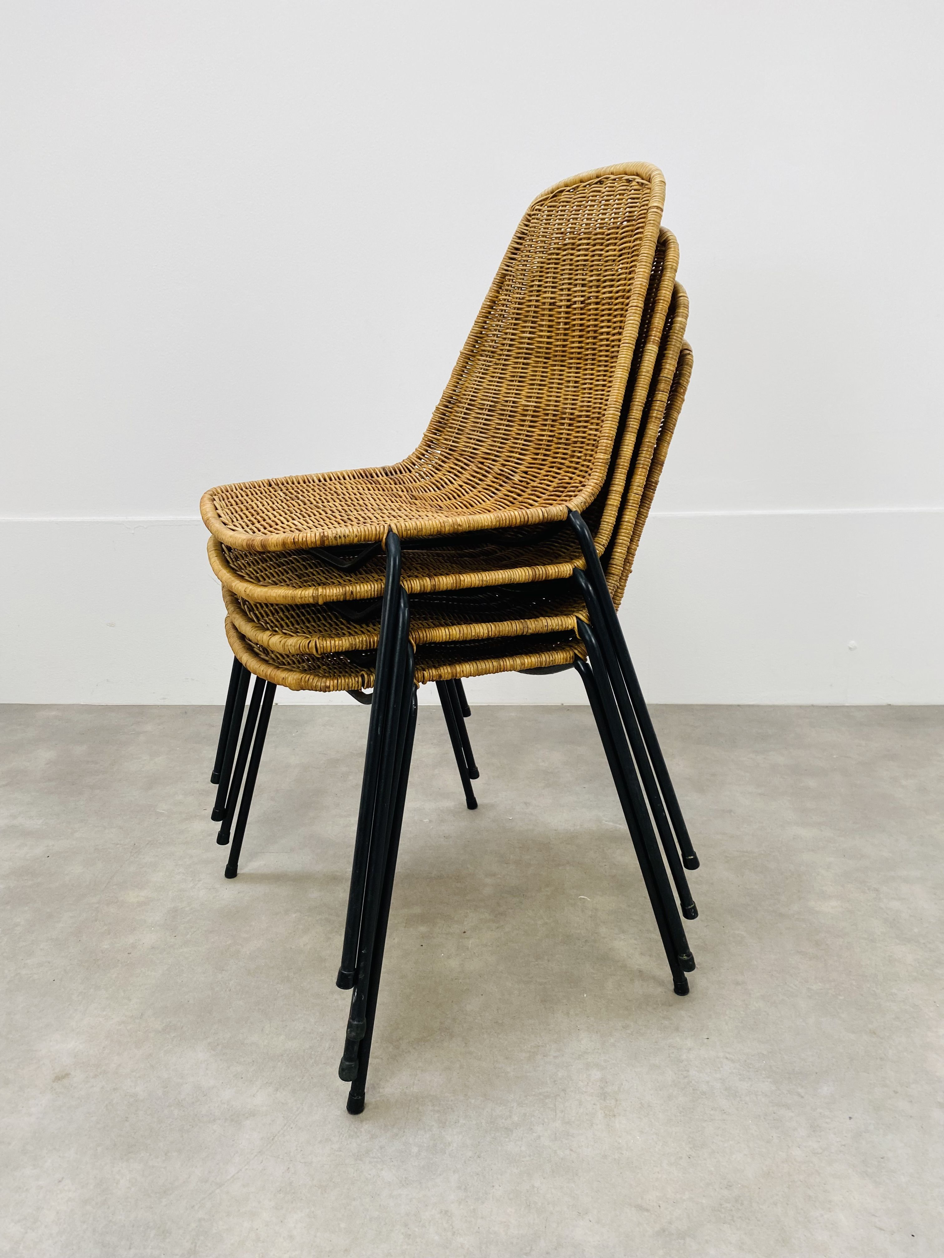 4 chairs Gianfranco Legler model Rattan basketball and metal 50s