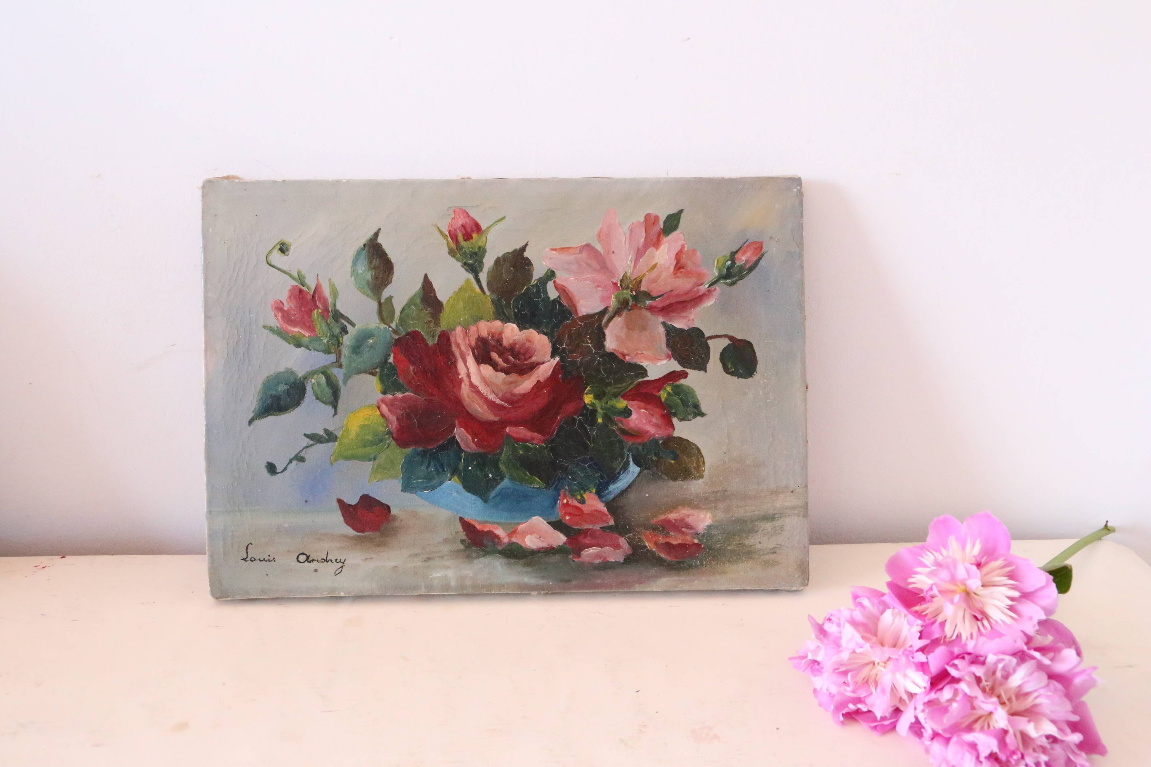 Painting bouquet of flowers, still life, signed Louis Andrey, oil on canvas, mid-twentieth