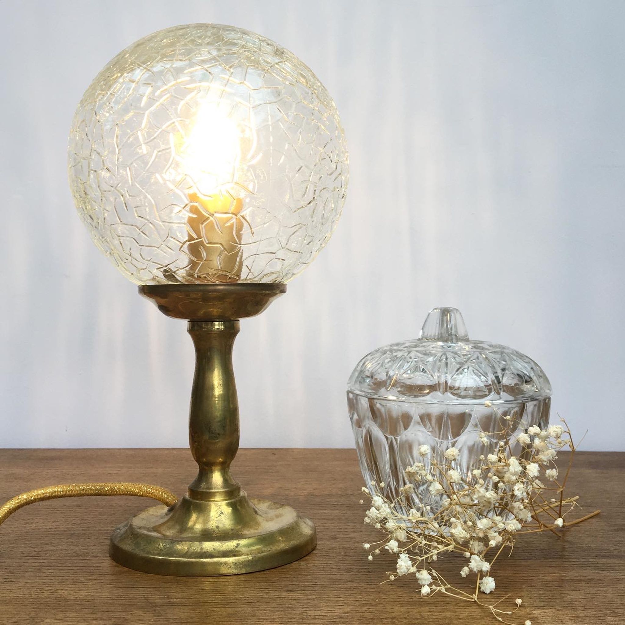 Vintage brass base lamp and glass globe cracked effect