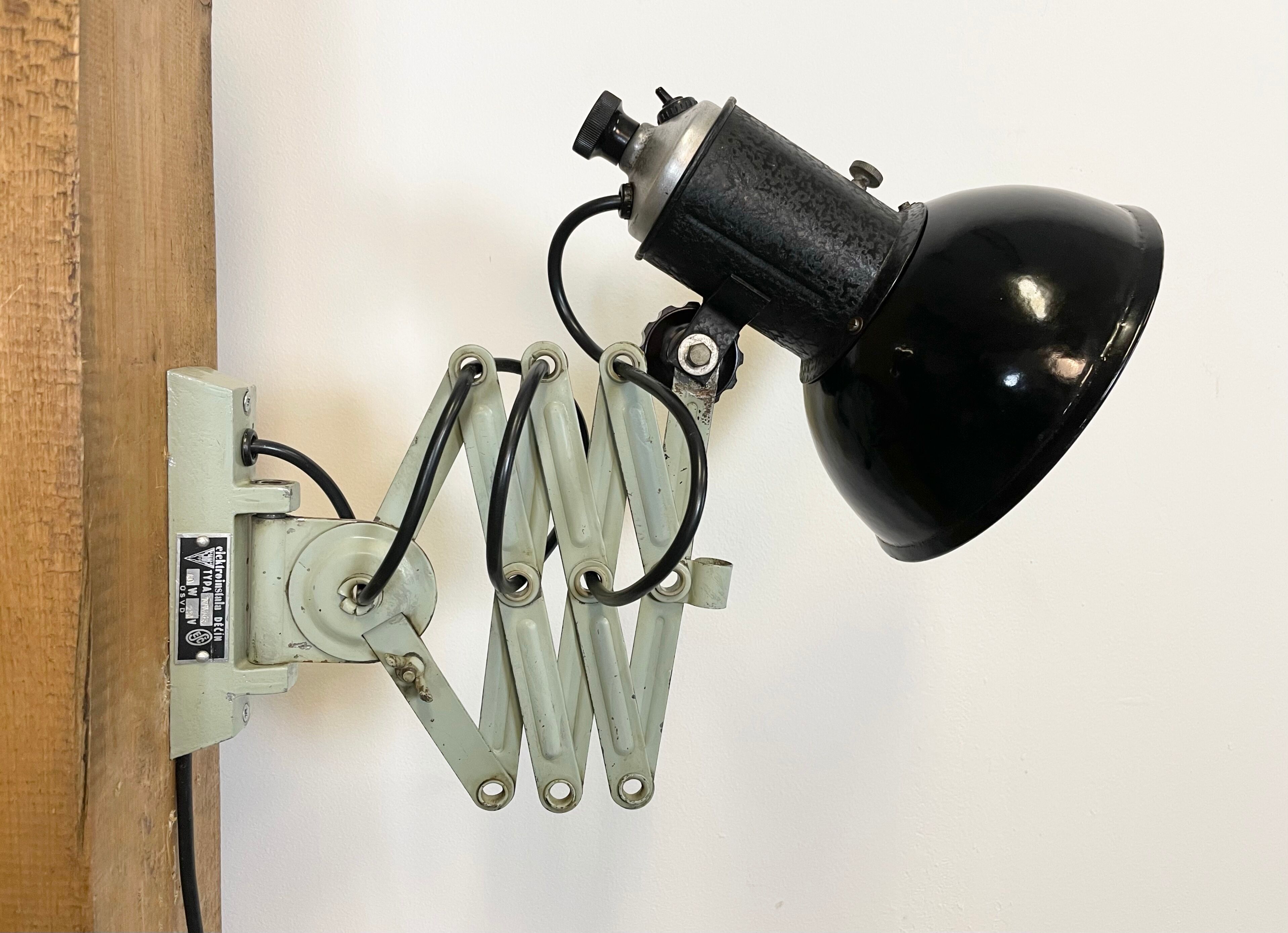 Vintage industrial black enamel scissor wall lamp, 1950s