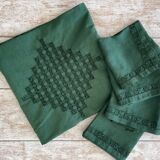Convent tablecloth and its 4 openwork towels tinted fir green - 115x115cm -mixed linen & cotton