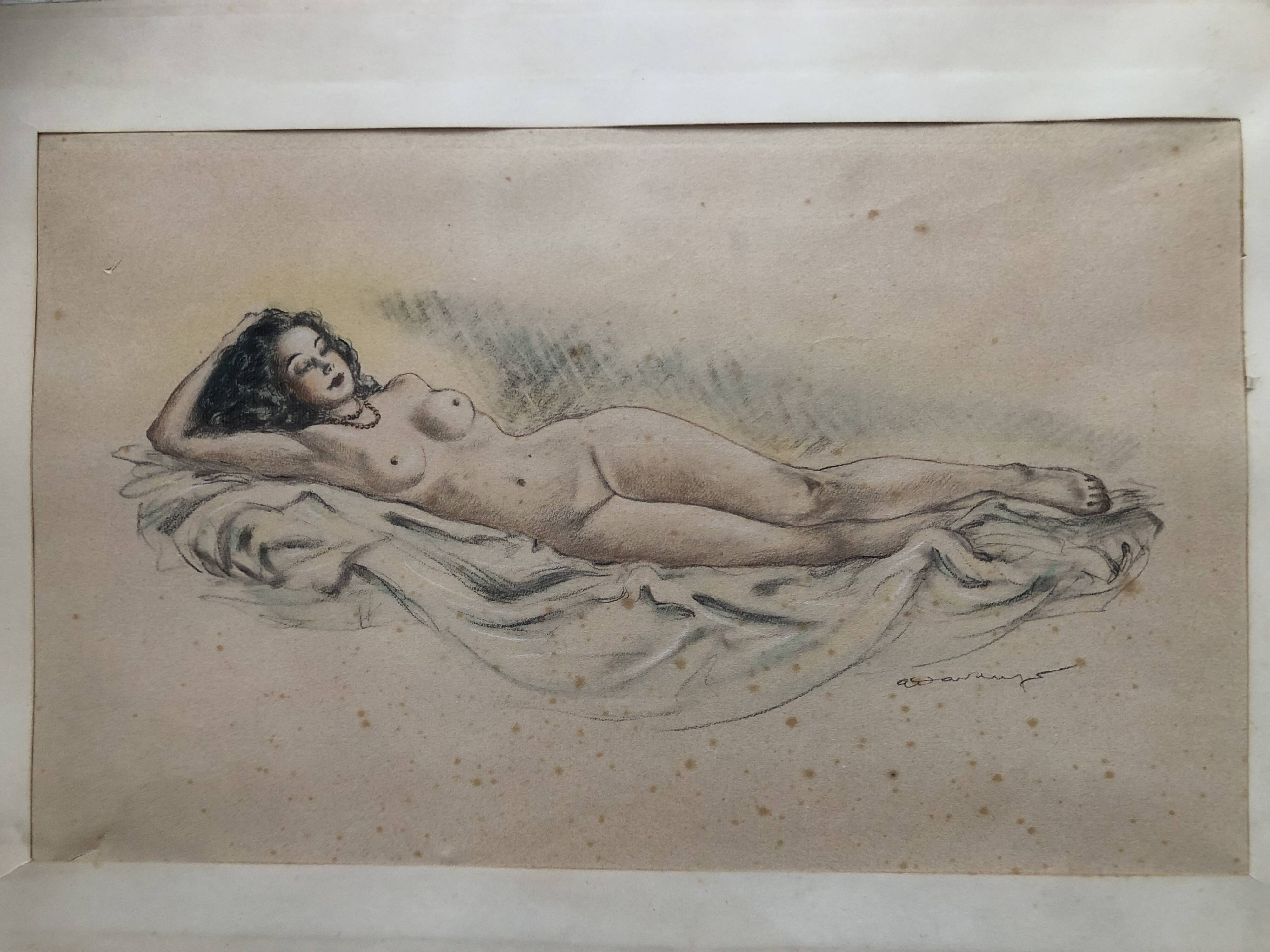 Pencil and pastel drawing xix paper: naked woman lying on a sheet, signed adam (hugo?), fine arts