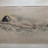 Pencil and pastel drawing xix paper: naked woman lying on a sheet, signed adam (hugo?), fine arts
