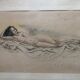 Dessin crayon et pastel xix papier : femme nue allongée sur un drap, signé adam (hugo ?), beaux arts