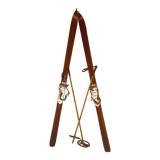 Pair of vintage wooden Skis and their poles + shoes.