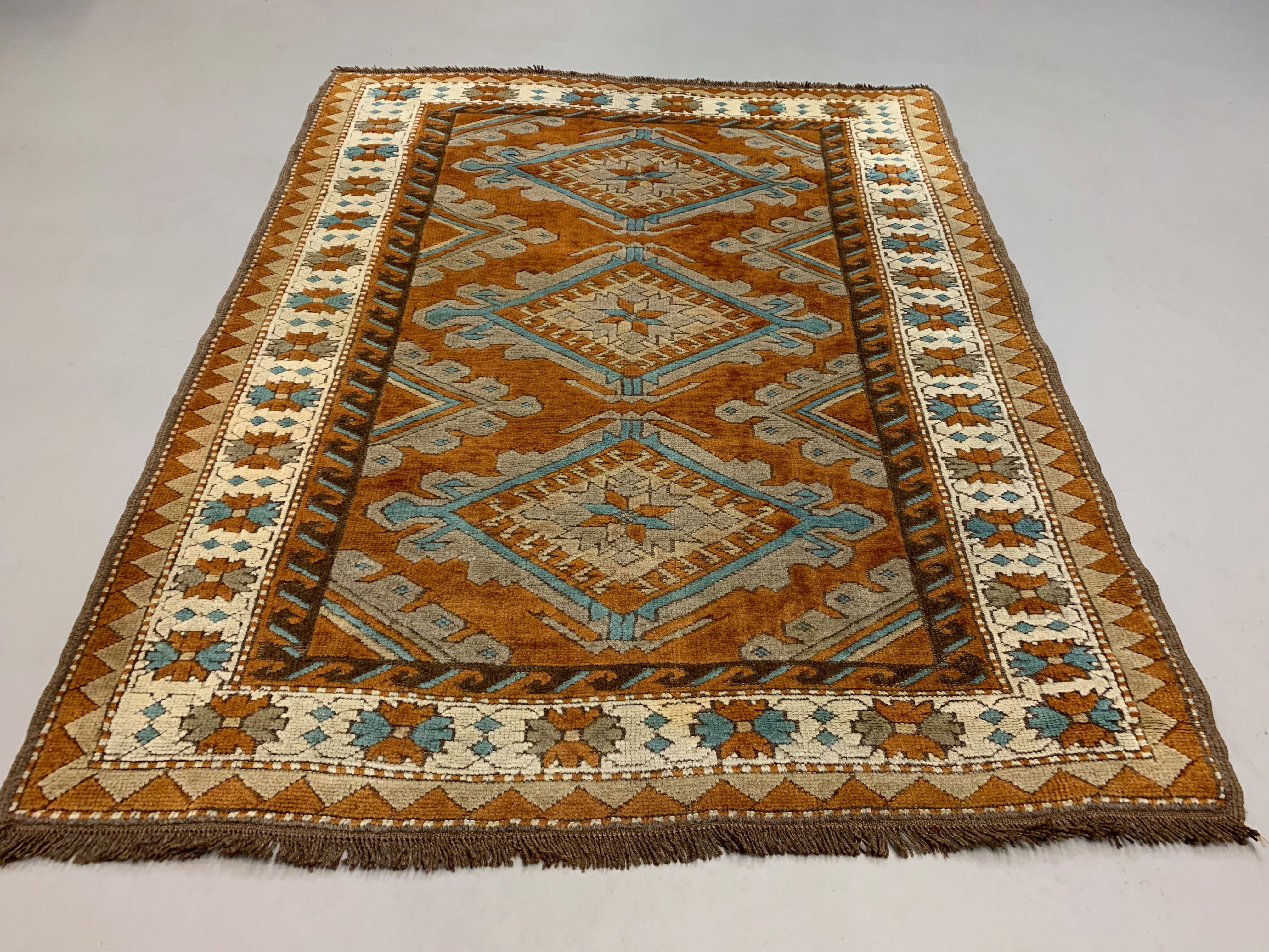 Old Turkish Rug 158x125 cm Vintage Oriental Rare Carpet Blue Brown Beige