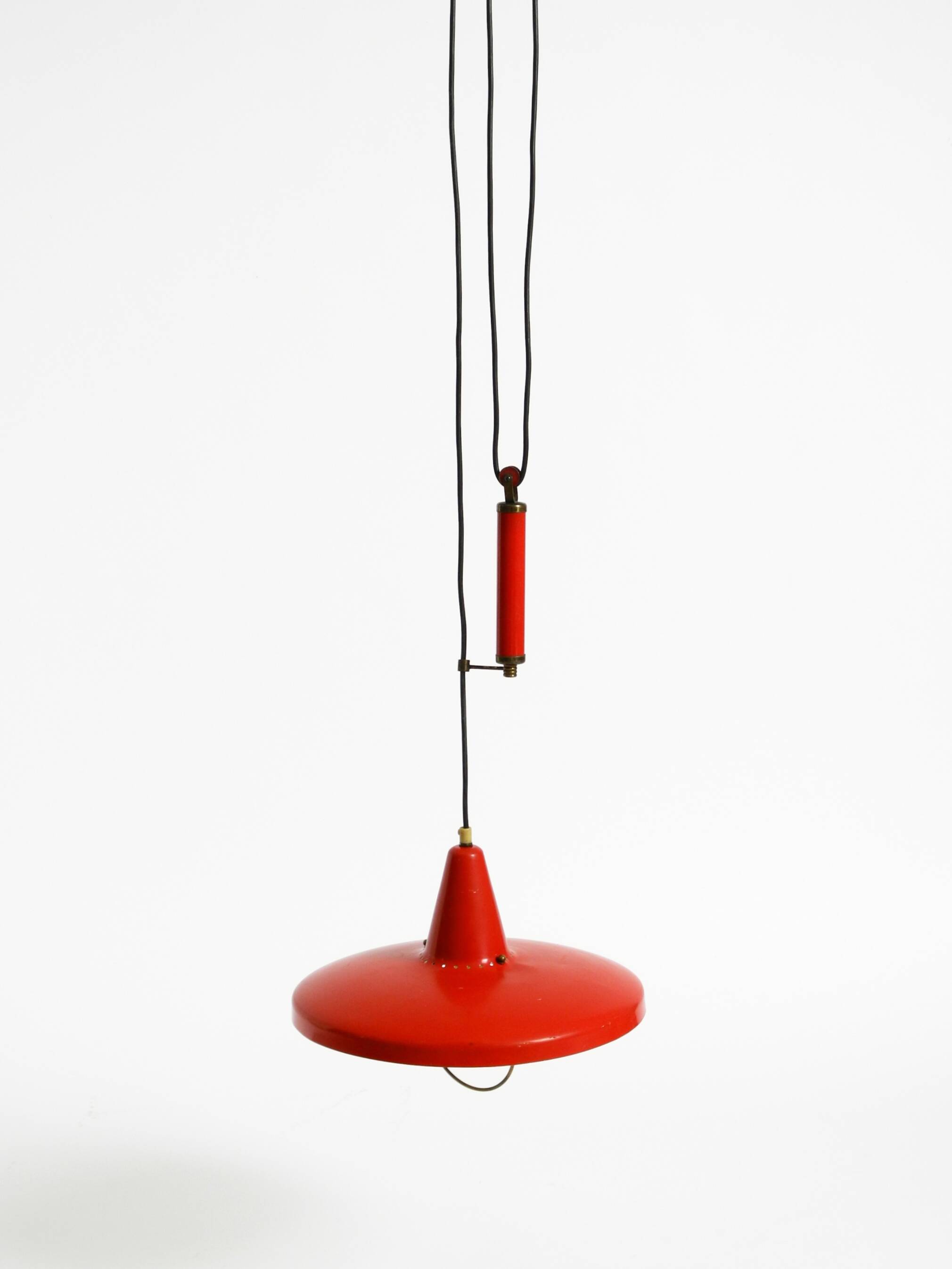 Mid-Century Modern red aluminum pendant lamp, height adjustable, Italy
