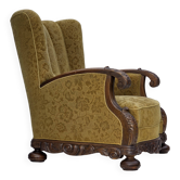 Fauteuil danois à dossier haut, années 1960, laine d'ameublement, bois de chêne massif.