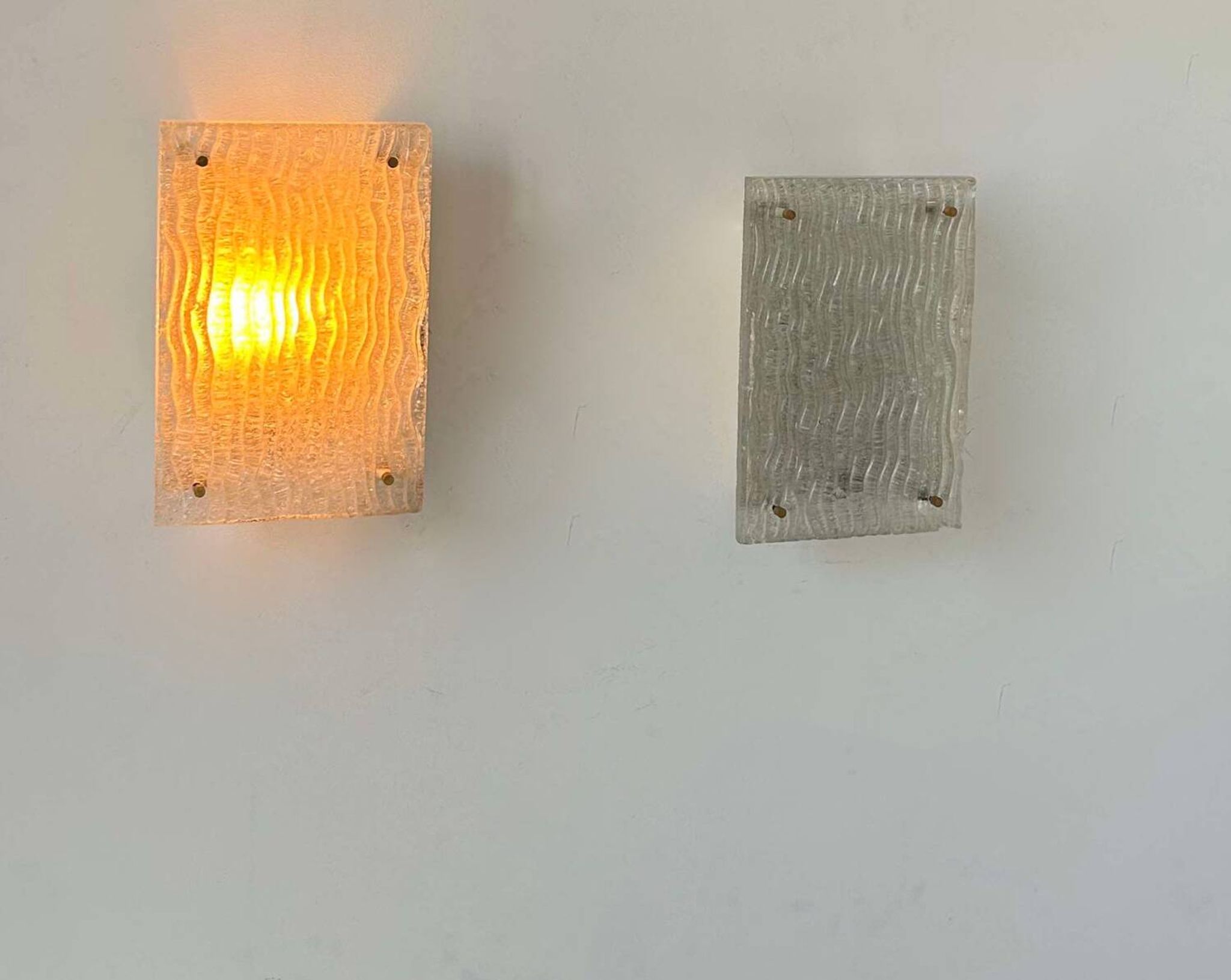 Pair of vintage sconces, molded frosted glass, Murano Italy 1970