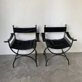 Pair of leather “curule” emperor armchairs
