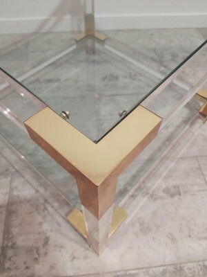 Set of 2 coffee tables in acrylic glass and brass, 1970s