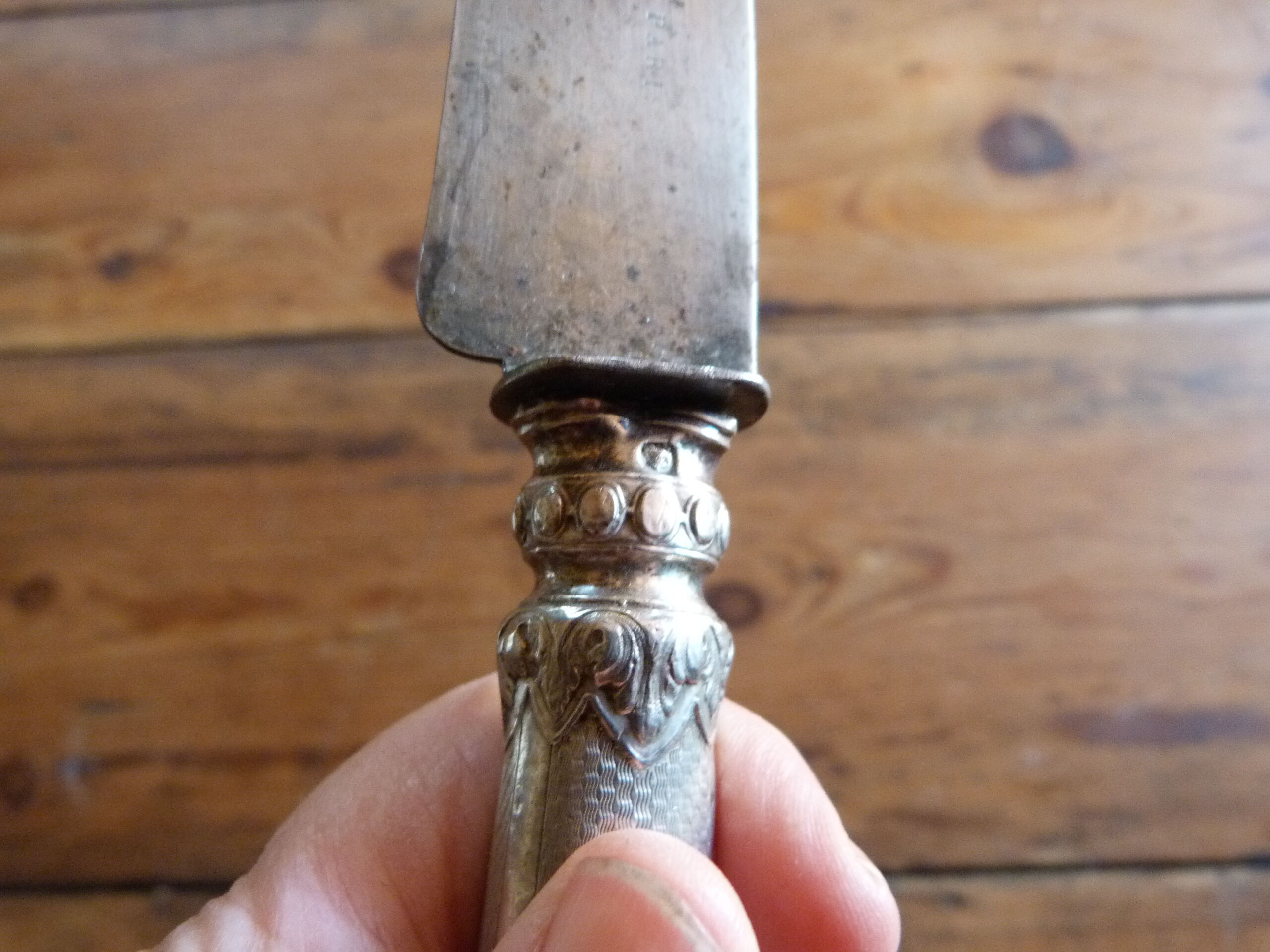 Old meat knife nineteenth century handle silver filled chiseled punch
