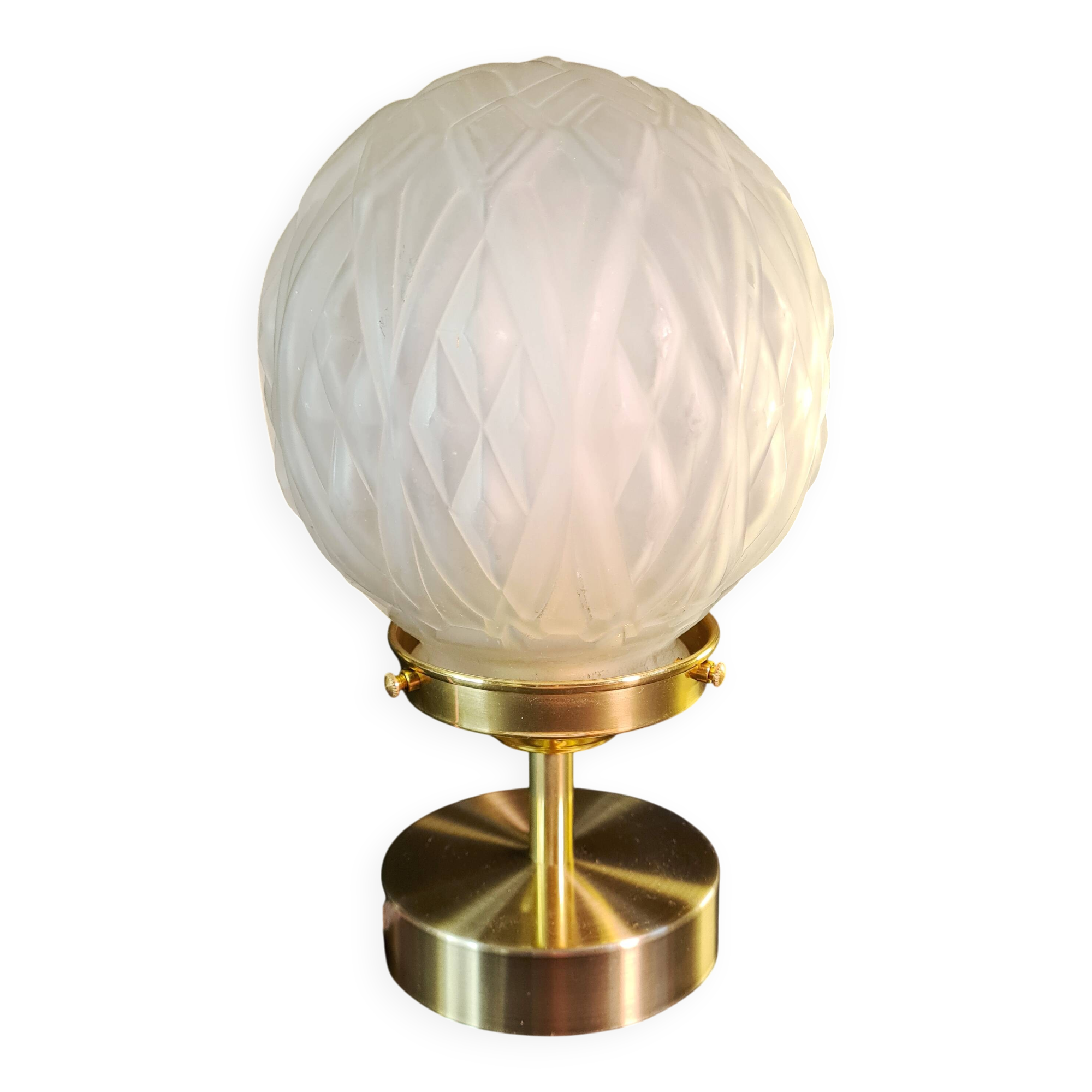 Art deco globe table lamp in brass & frosted glass