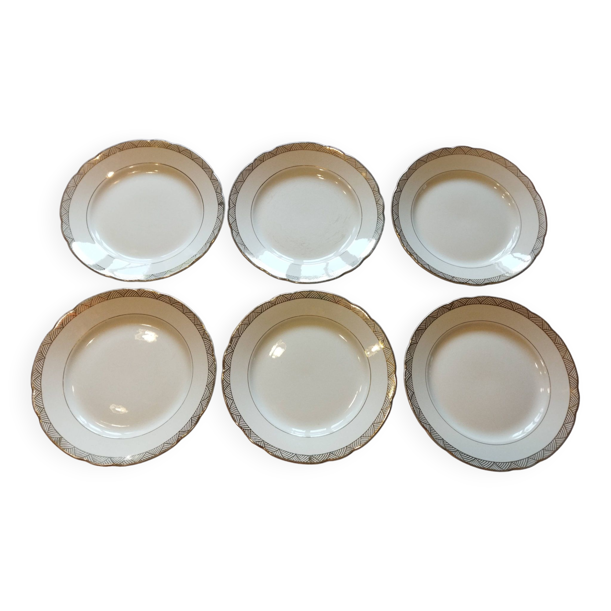 6 assiettes plates Villeroy & Boch Mettlach ivoire et or vintage 1950s
