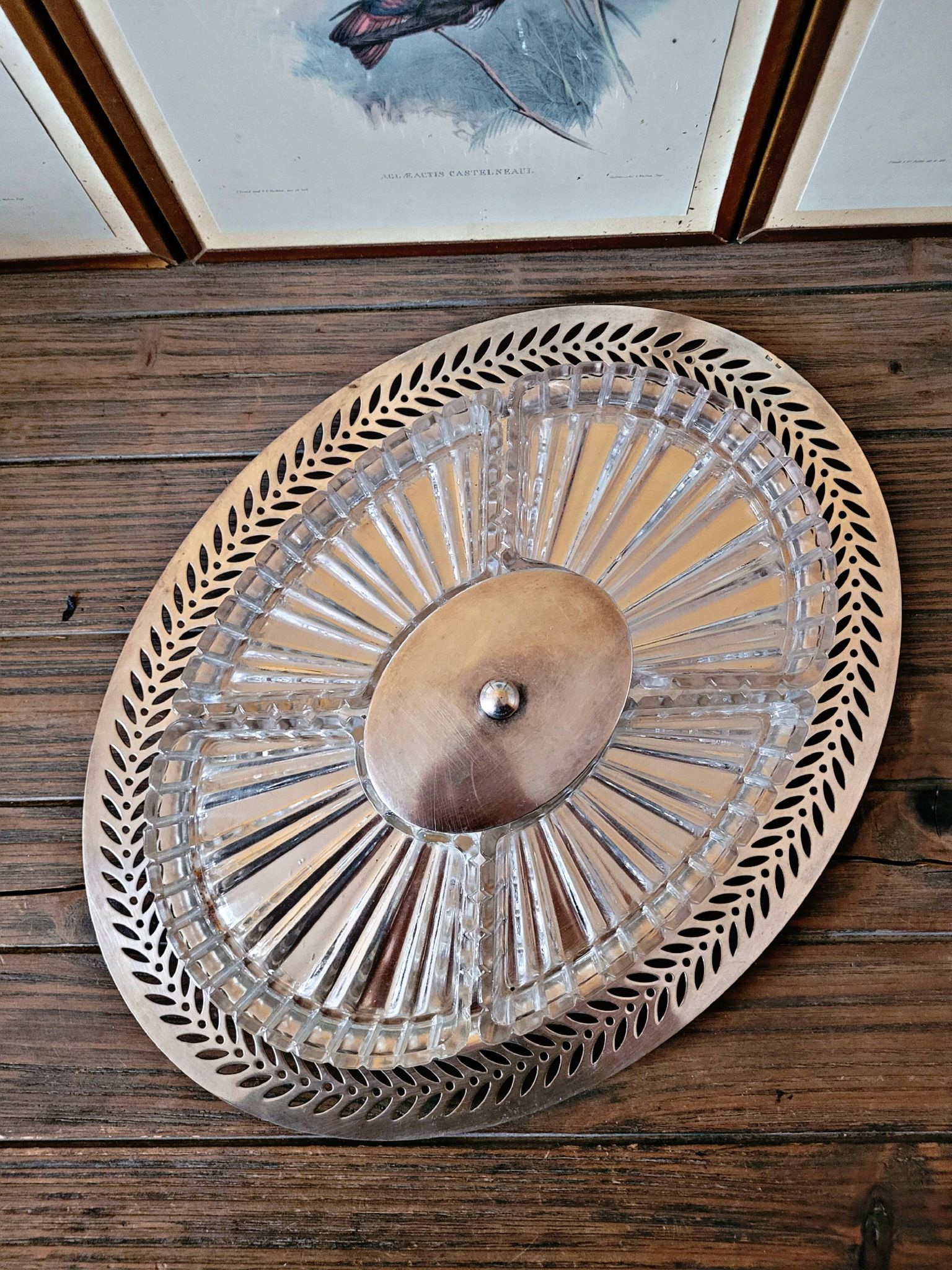 Plateau apéritif style art déco métal argenté et verre, 5 compartiments