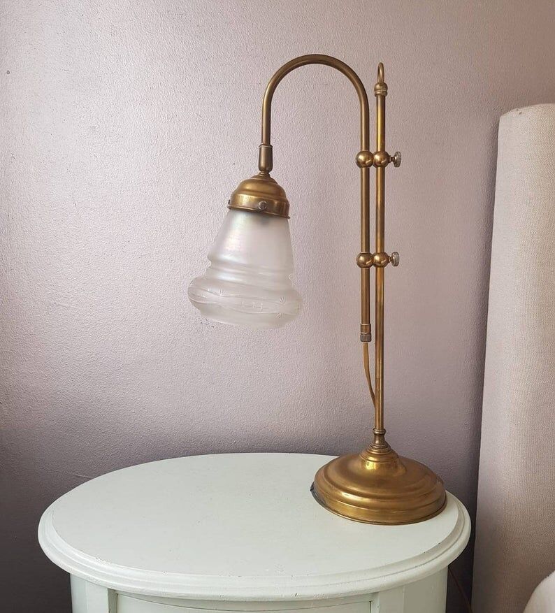 Golden table lamp with 1970 glass lampshade