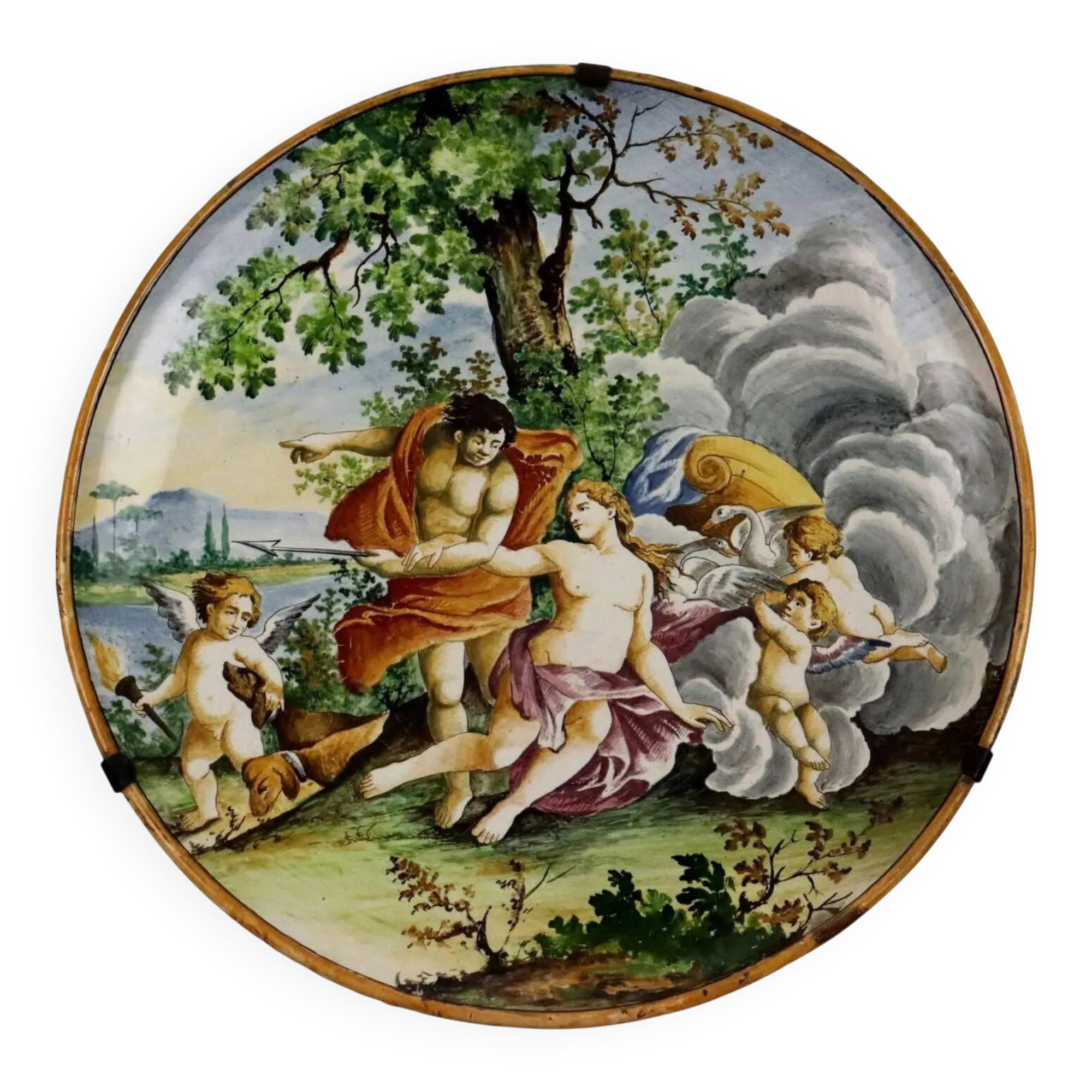 Antique display plate with a mythological subject in majolica, Italy, 19th century.