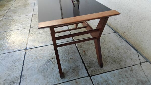 Table basse vintage époque reconstruction année 50 bois verre