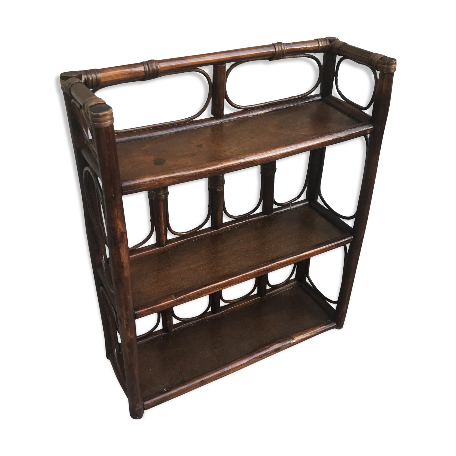 Wall shelf 3 trays in brown rattan from the 60 vintage
