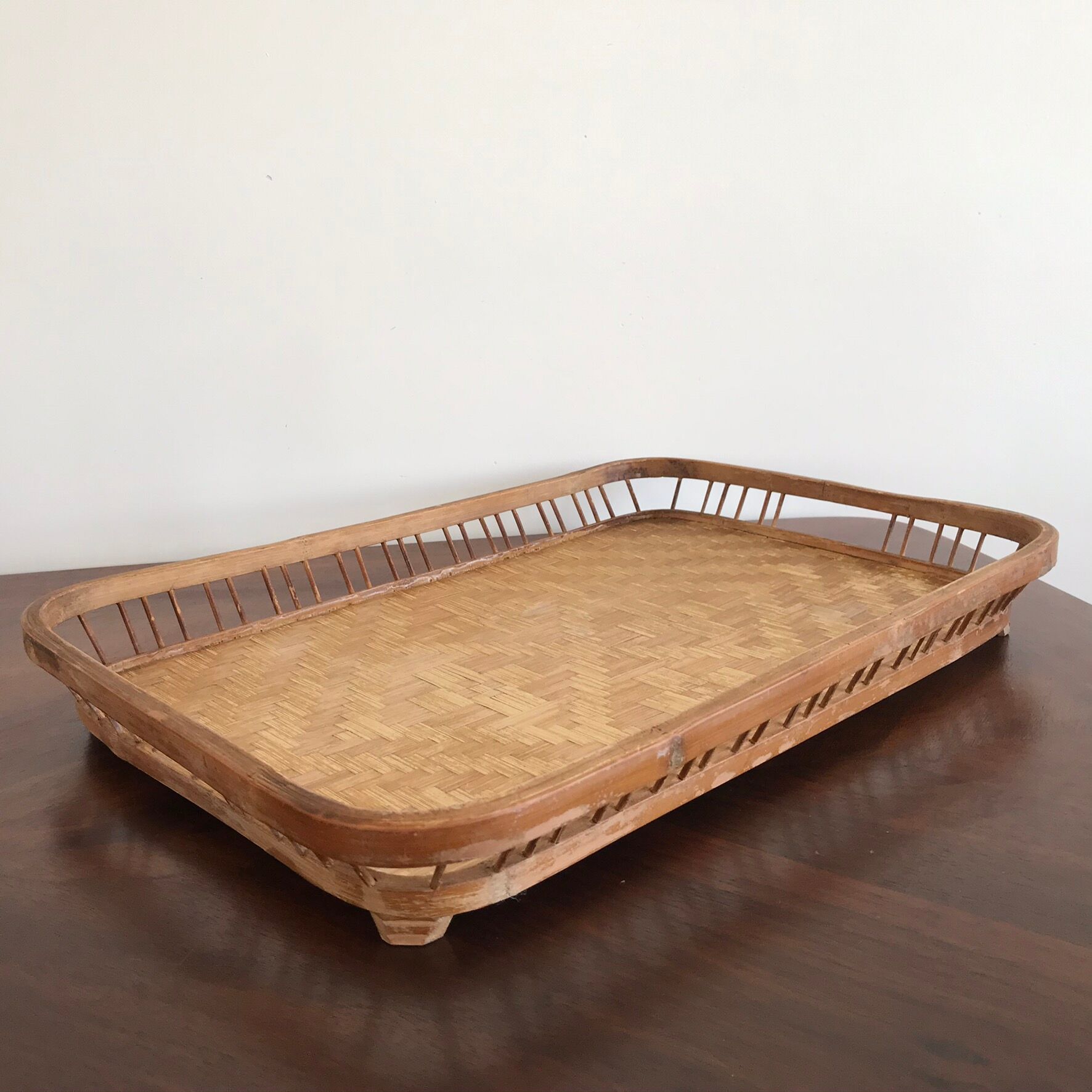 Vintage rectangular braided bamboo platter 1960