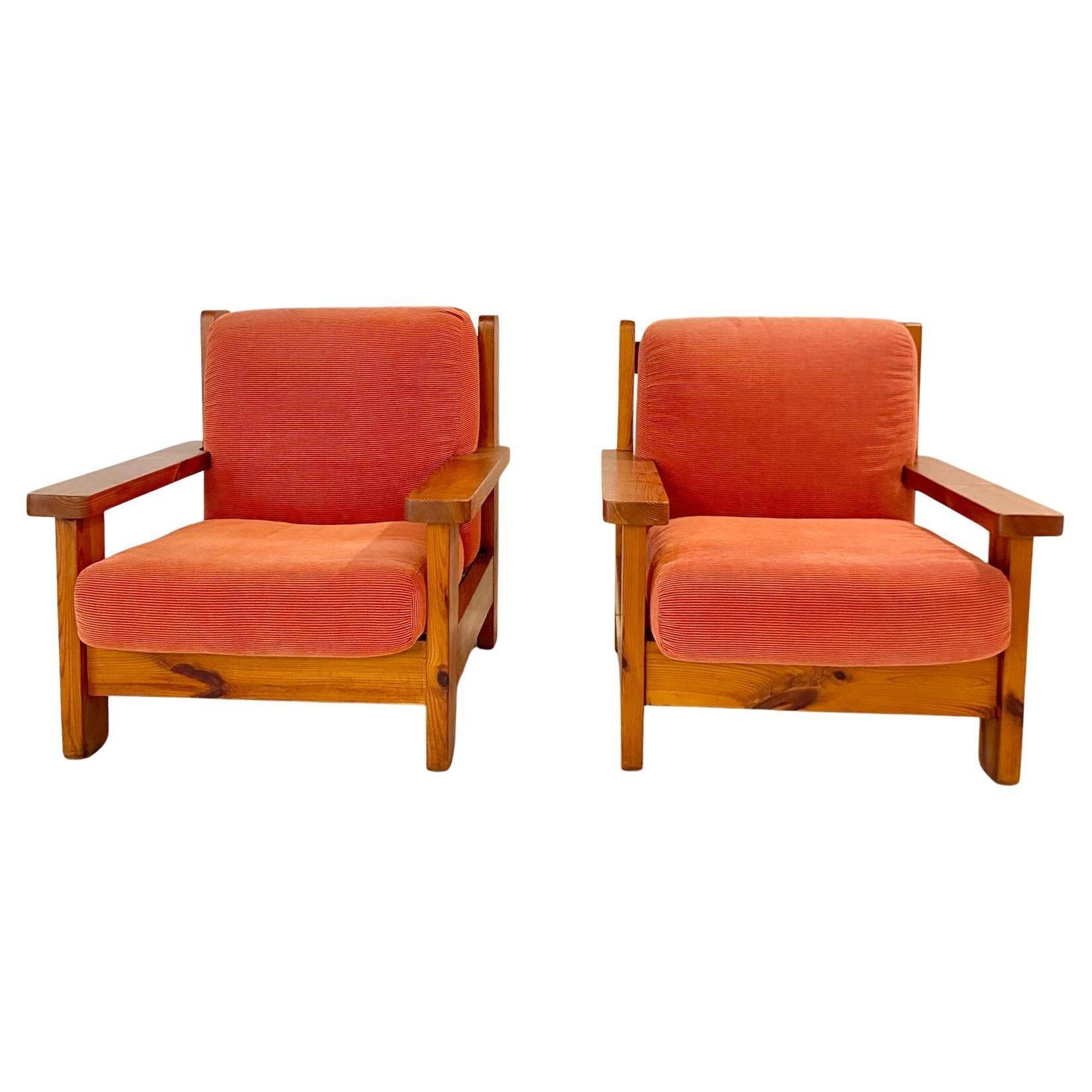 Mid Century Modern Vintage Wood and Red Velvet Armchairs, set of two, Italy 1970