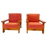 Mid Century Modern Vintage Wood and Red Velvet Armchairs, set of two, Italy 1970