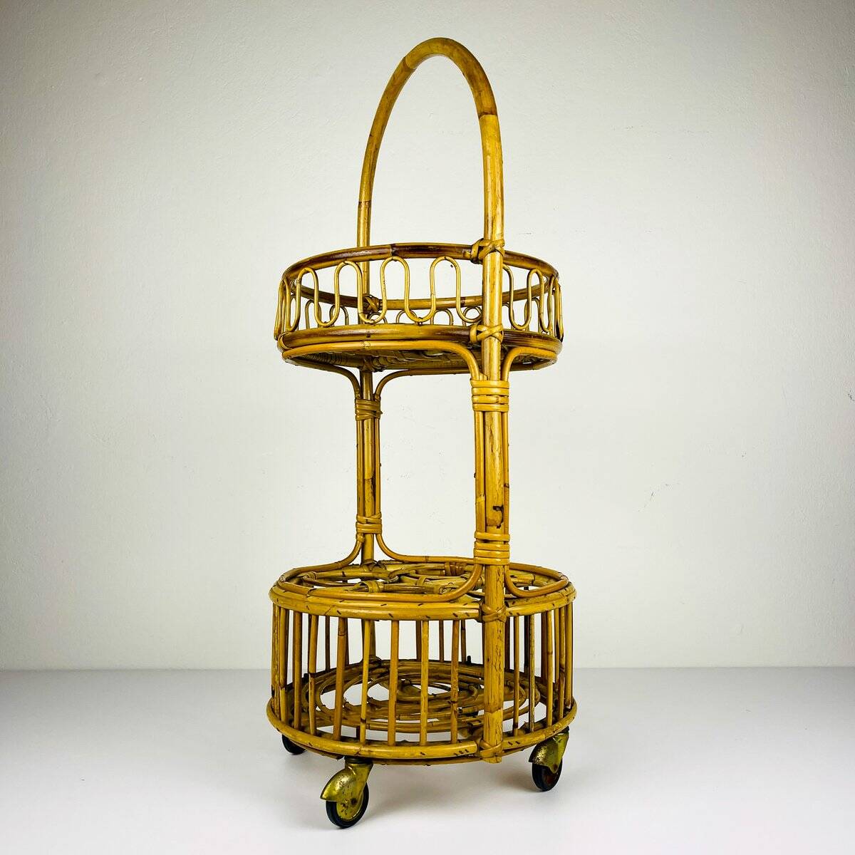 Vintage round service trolley in bamboo and rattan, 1960s