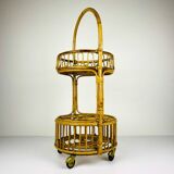 Vintage round service trolley in bamboo and rattan, 1960s