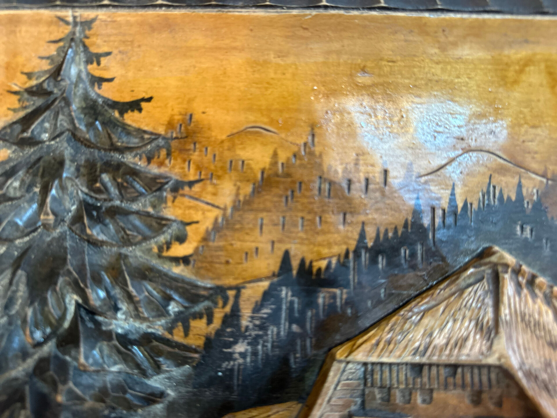 Carved wooden wall panel Black Forest Chalet mountain Switzerland Germany