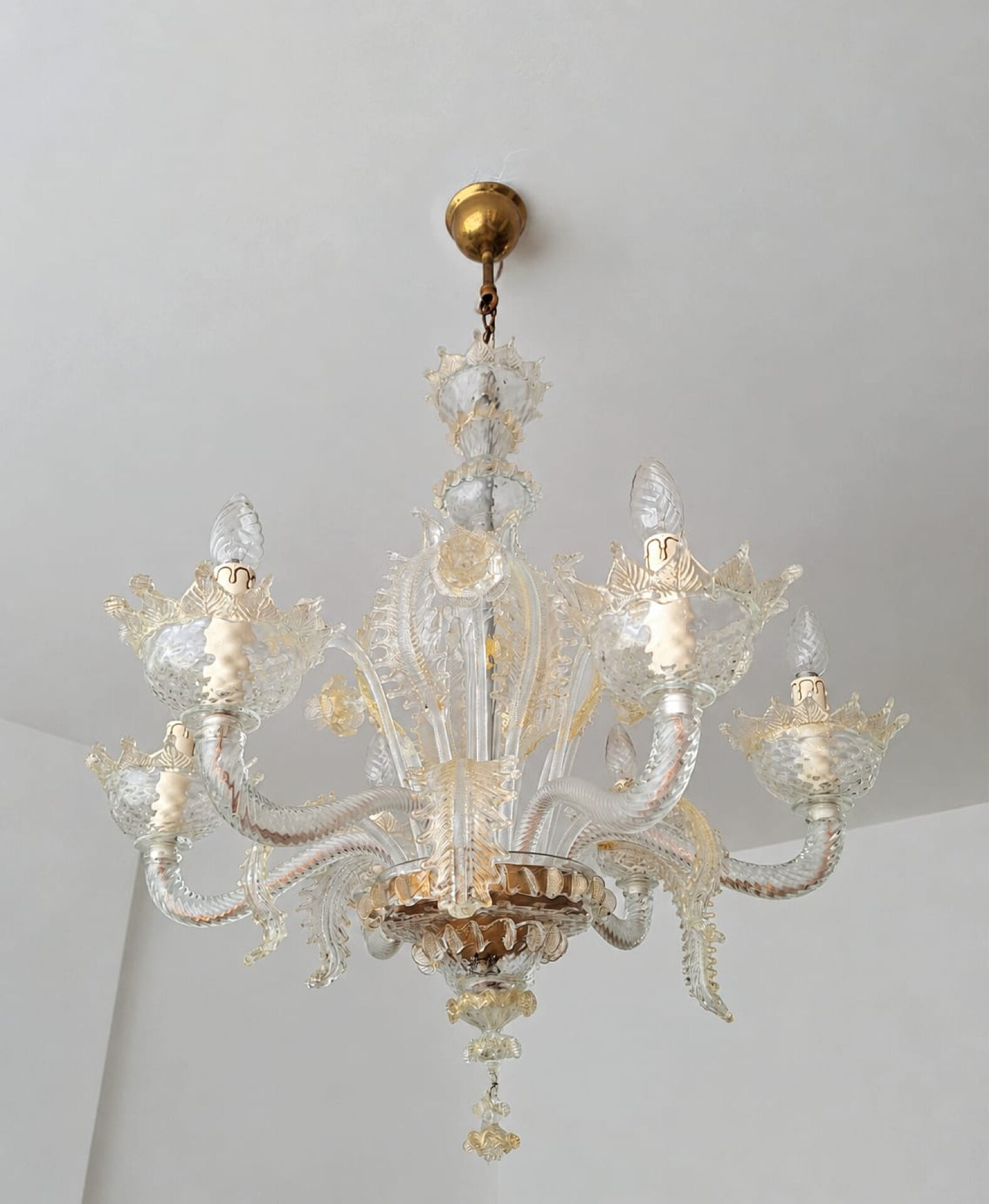 Large Murano glass chandelier with gold leaves, vintage light fixture.