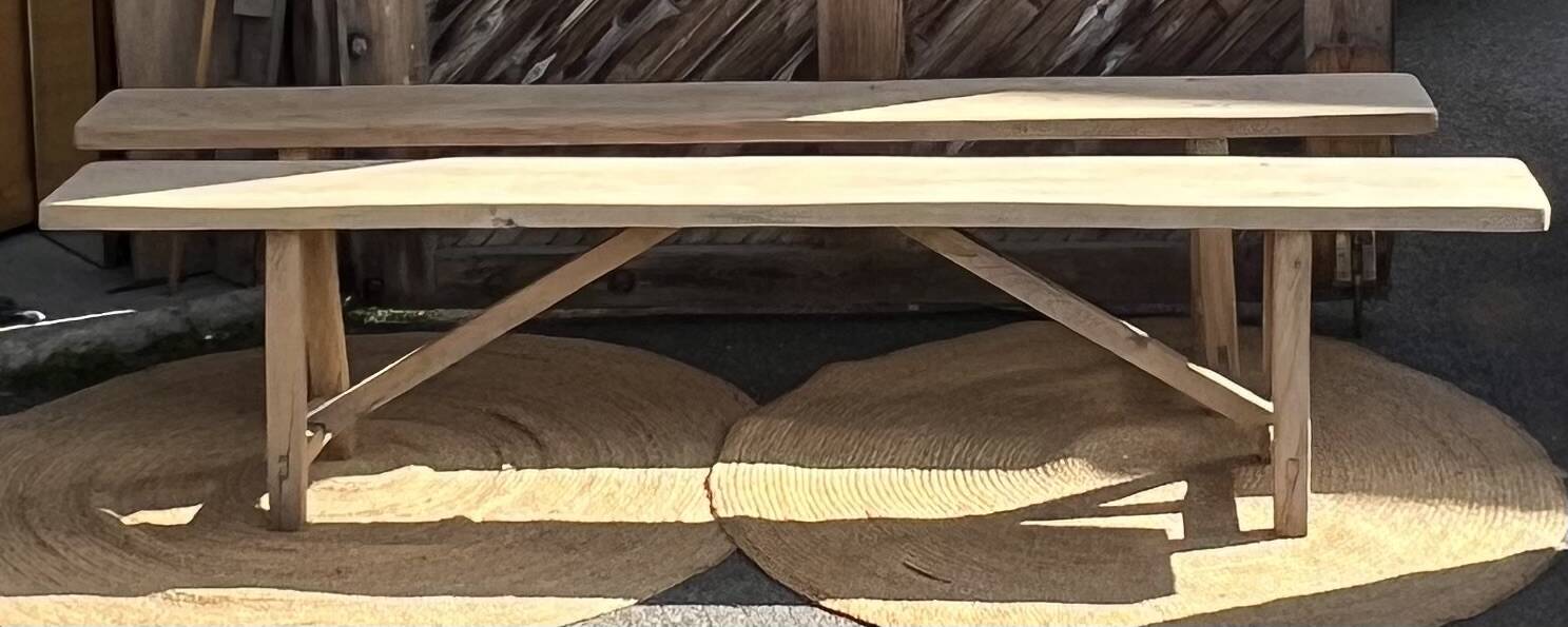 Pair of antique farmhouse benches in raw solid wood - length 2m