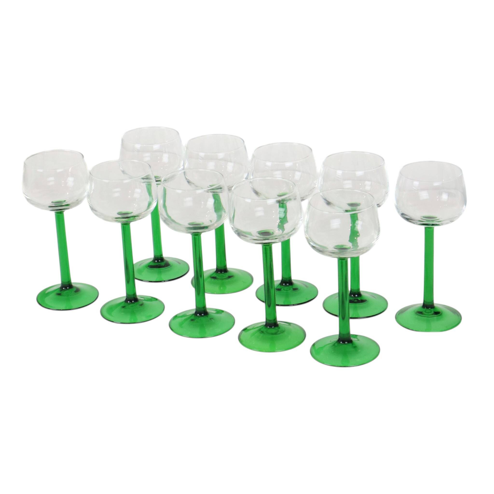 Set of 10 Vintage Luminarc Alsace Wine Glasses Thick Green Stems