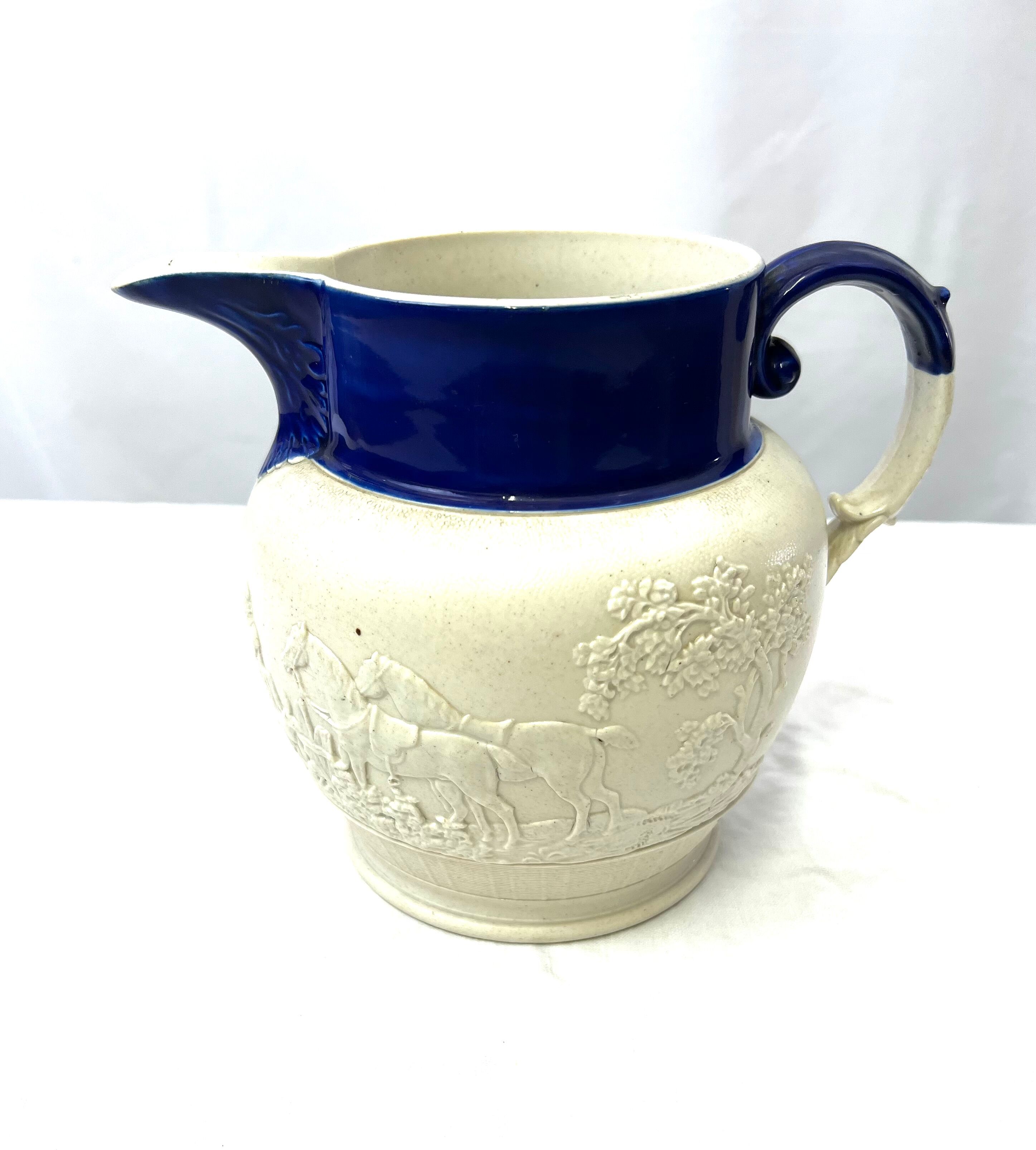 White pitcher blue pattern horses dog style Wedgwood