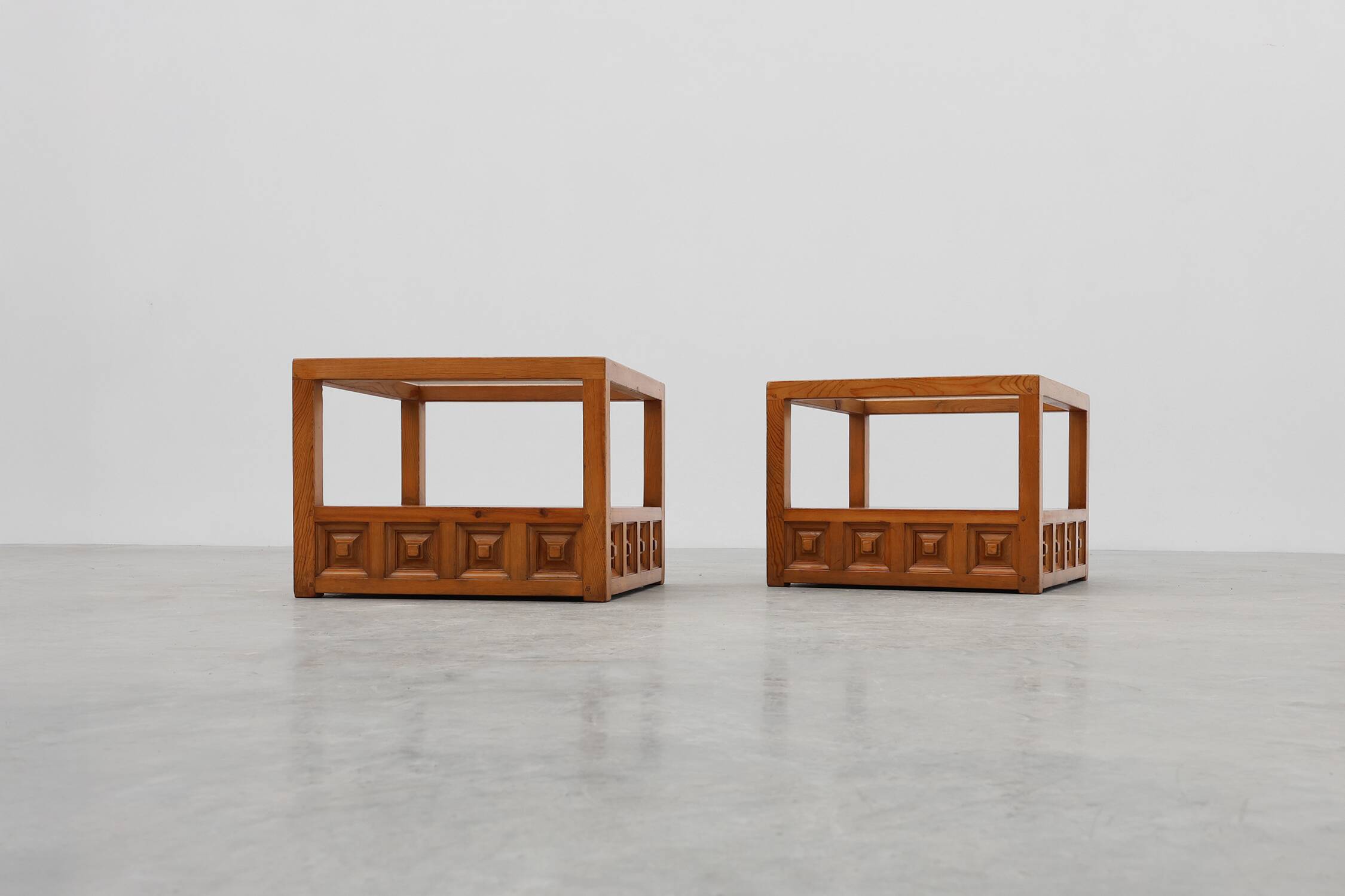Pair geographical designed square Biosca coffee tables in pine wood, Spain