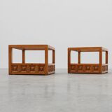 Pair geographical designed square Biosca coffee tables in pine wood, Spain