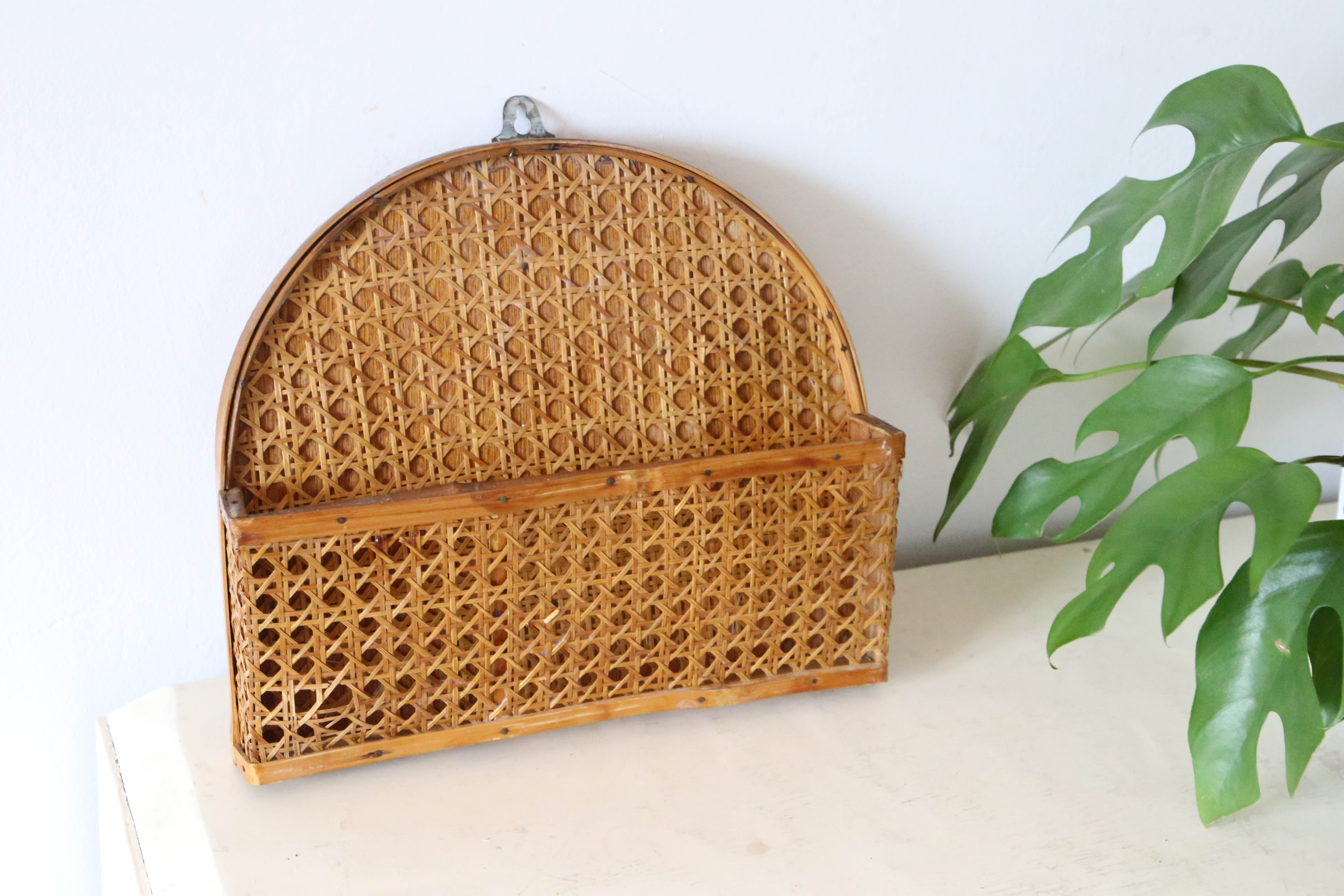 Mail holder, empty wall pocket, wicker and cannage, vintage