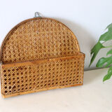 Mail holder, empty wall pocket, wicker and cannage, vintage