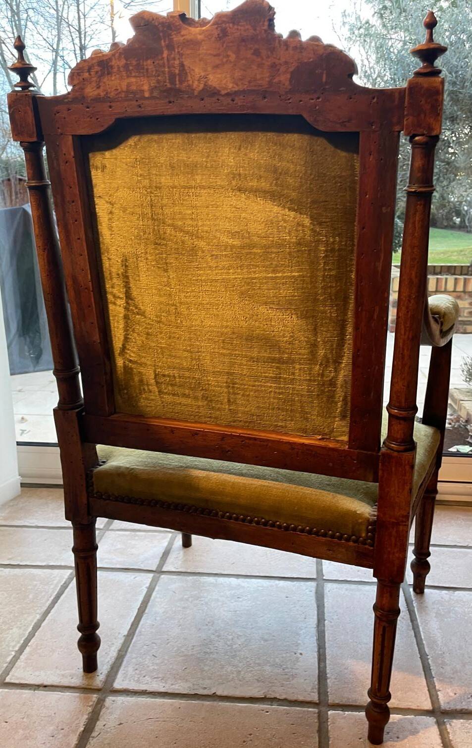 Antique Louis XVI style armchair – carved wood – green velvet – to be restored