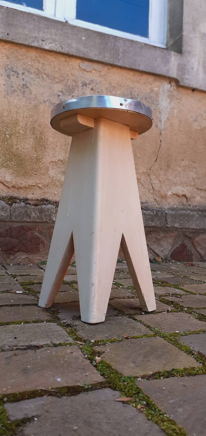 Tabouret,  porte plante vintage année 50 pied compas en chêne