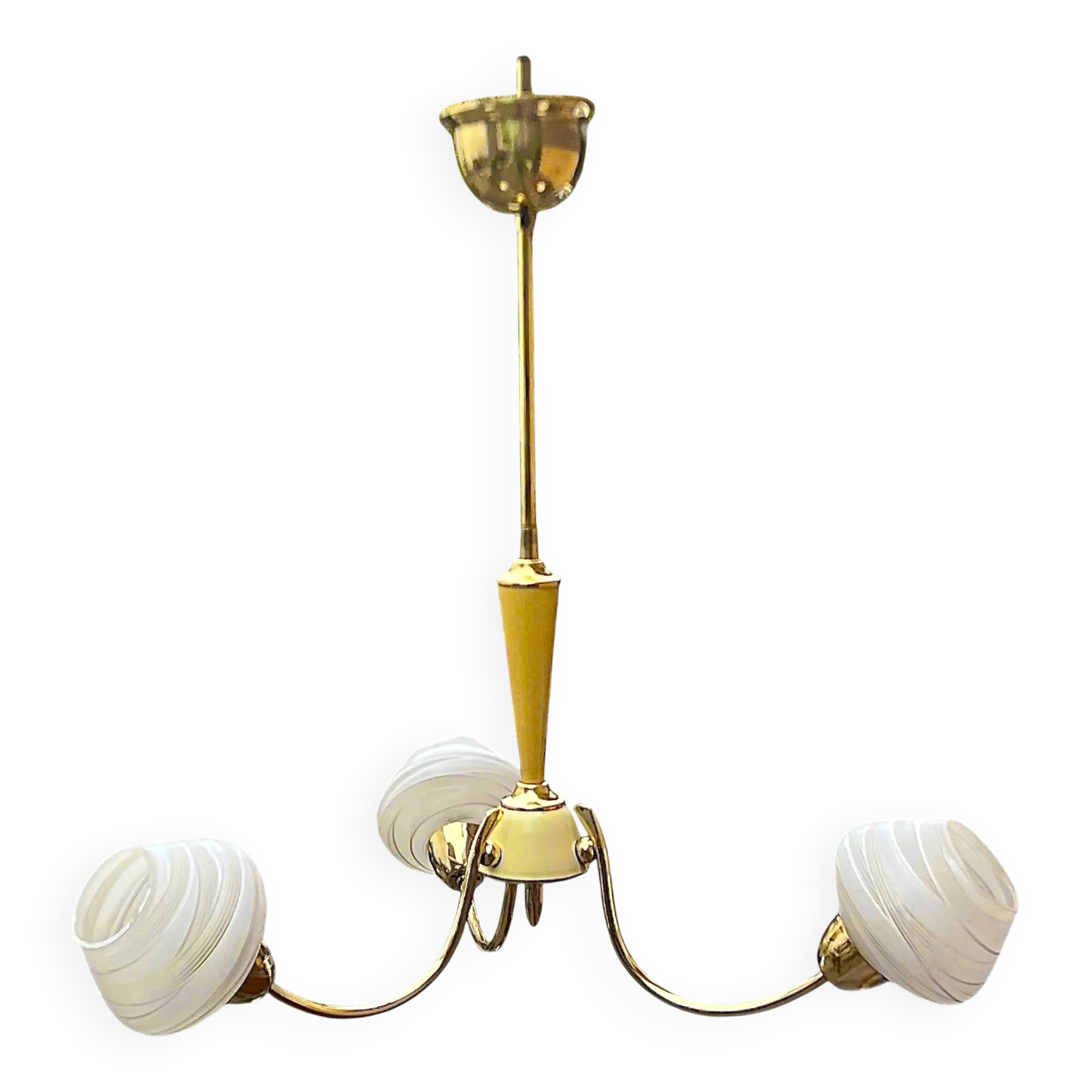 Three-light chandelier in brass and striated opaline glass – 1950s-60s