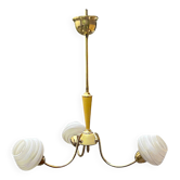 Three-light chandelier in brass and striated opaline glass – 1950s-60s
