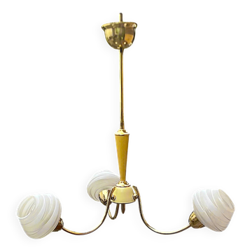 Three-light chandelier in brass and striated opaline glass – 1950s-60s