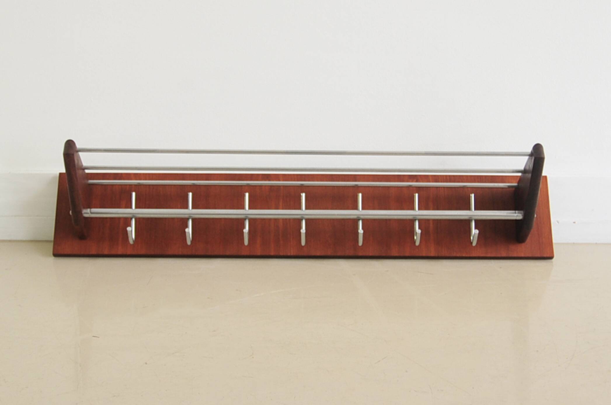 Teak wood & chrome wall coat rack