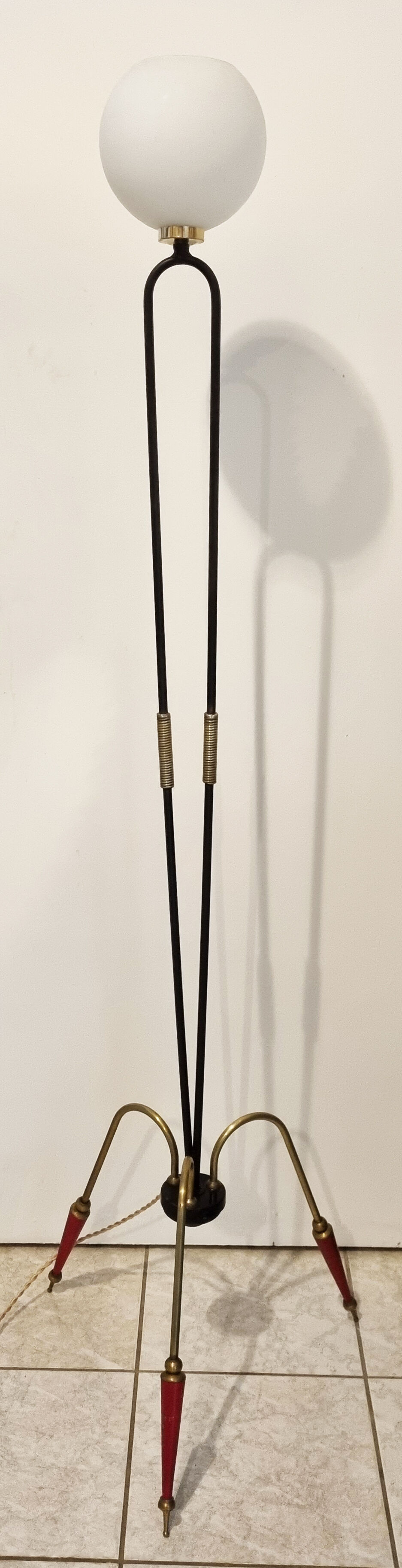 Tripod floor lamp design, steel, brass and opaline, vintage, 50s