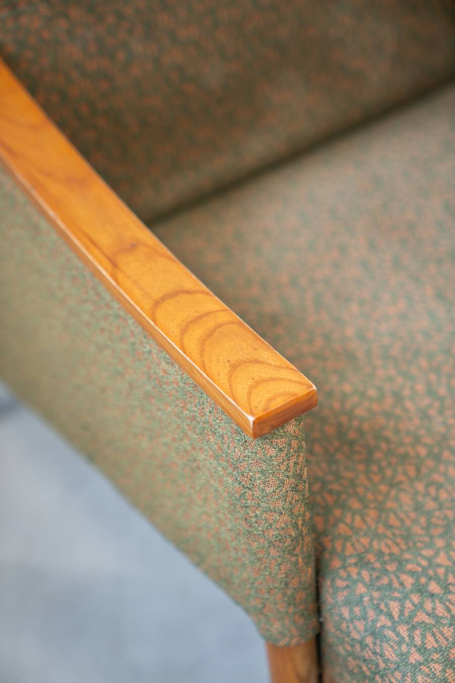 Pair of vintage armchairs in oak and embossed fabric, with old republished certificate of authenticity